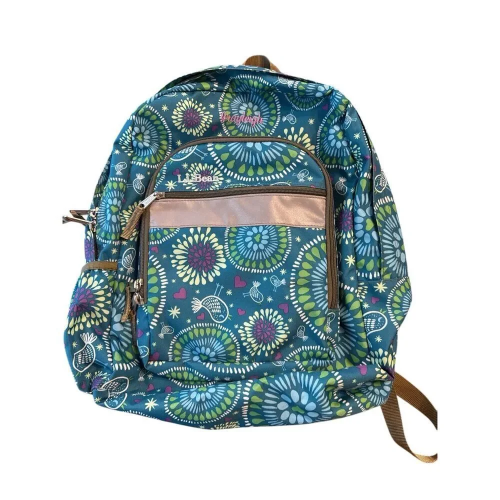 LL Bean Backpack Girls School Blue Birds Lg Padded Back And Straps Has Monogram
